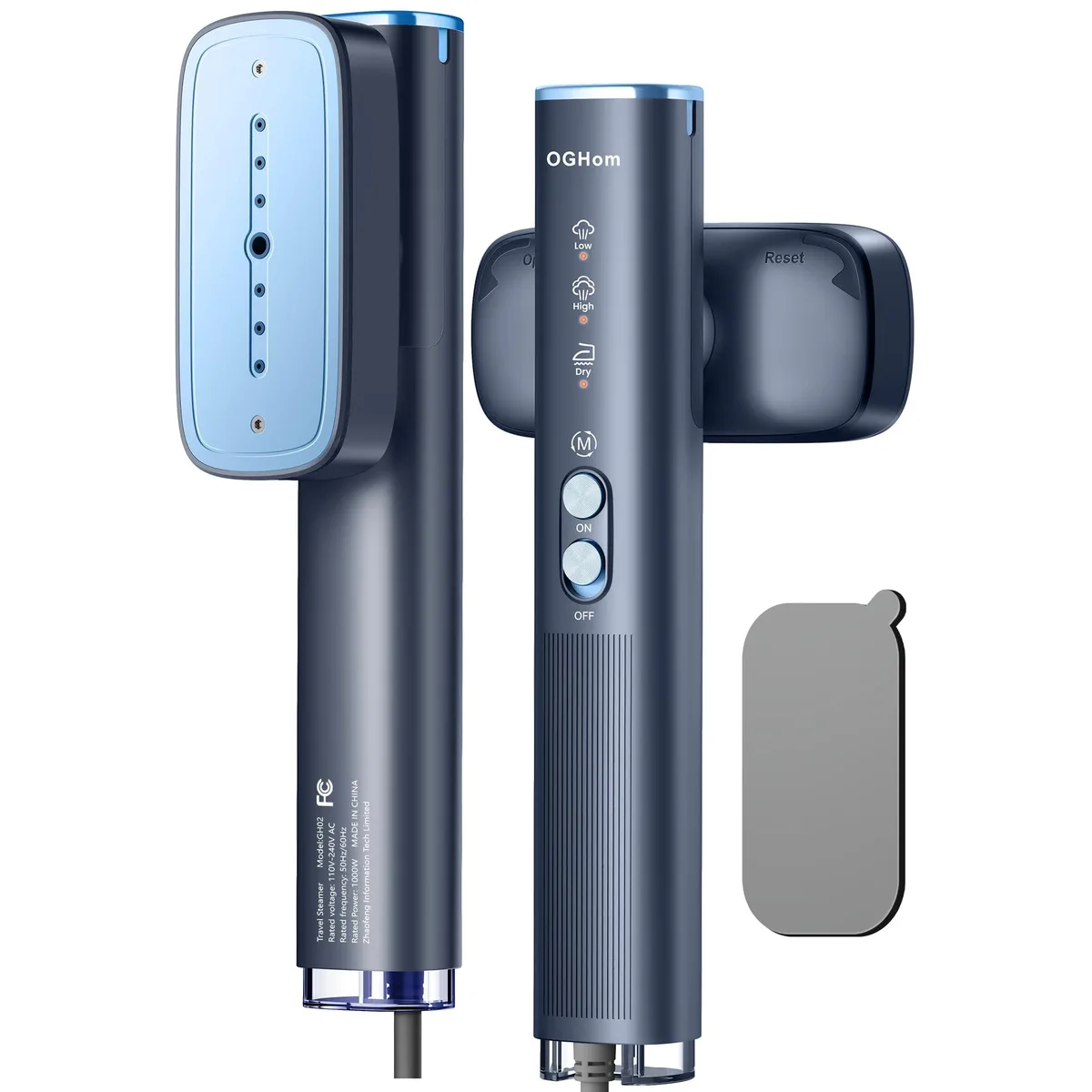 Compact blue handheld steamer with rounded body and integrated ironing plate