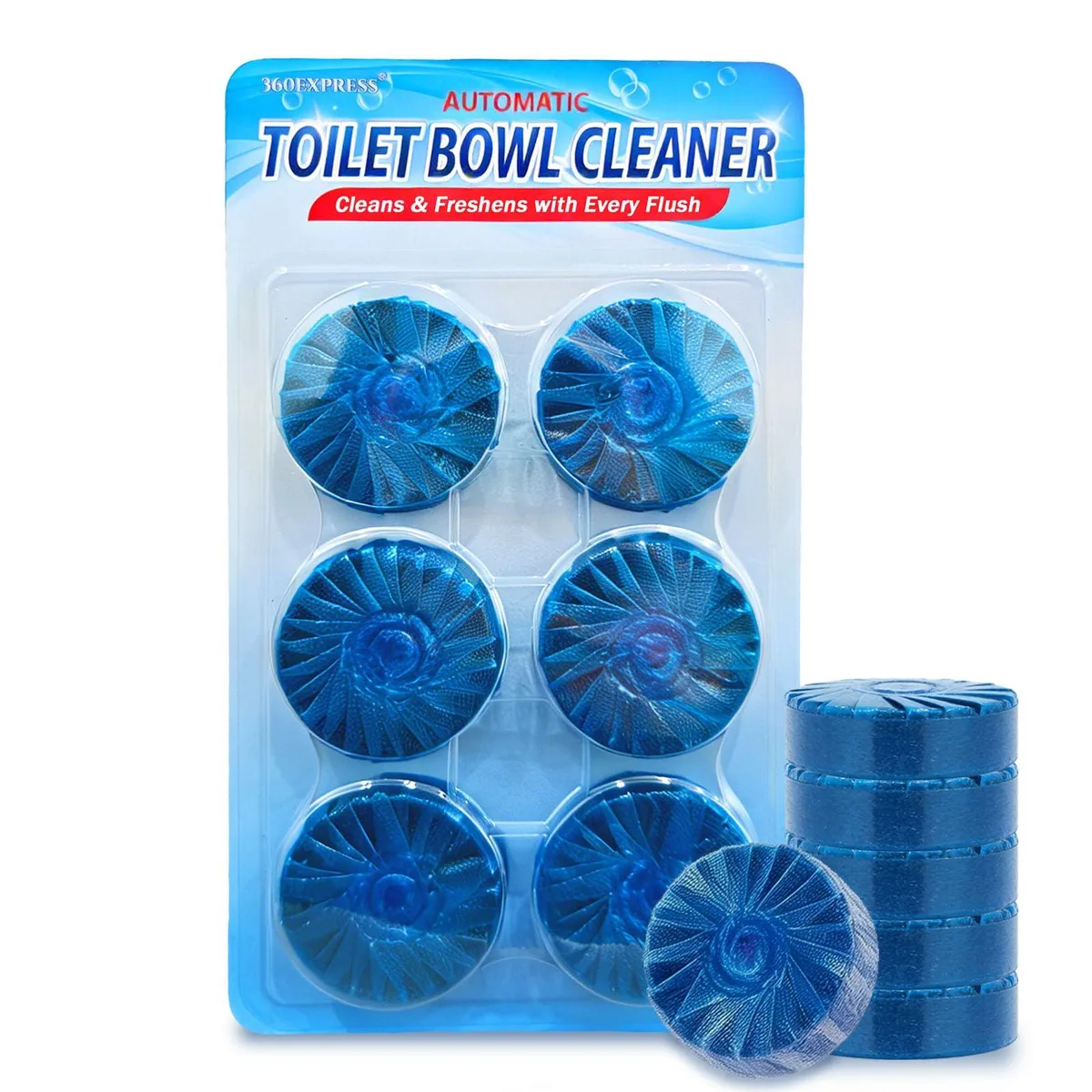 Blue cleaning tablets in rectangular blister pack