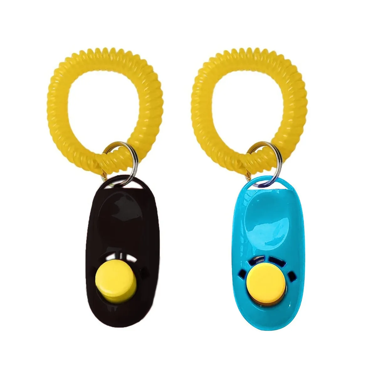 Two small plastic clickers with wrist straps in bright colours