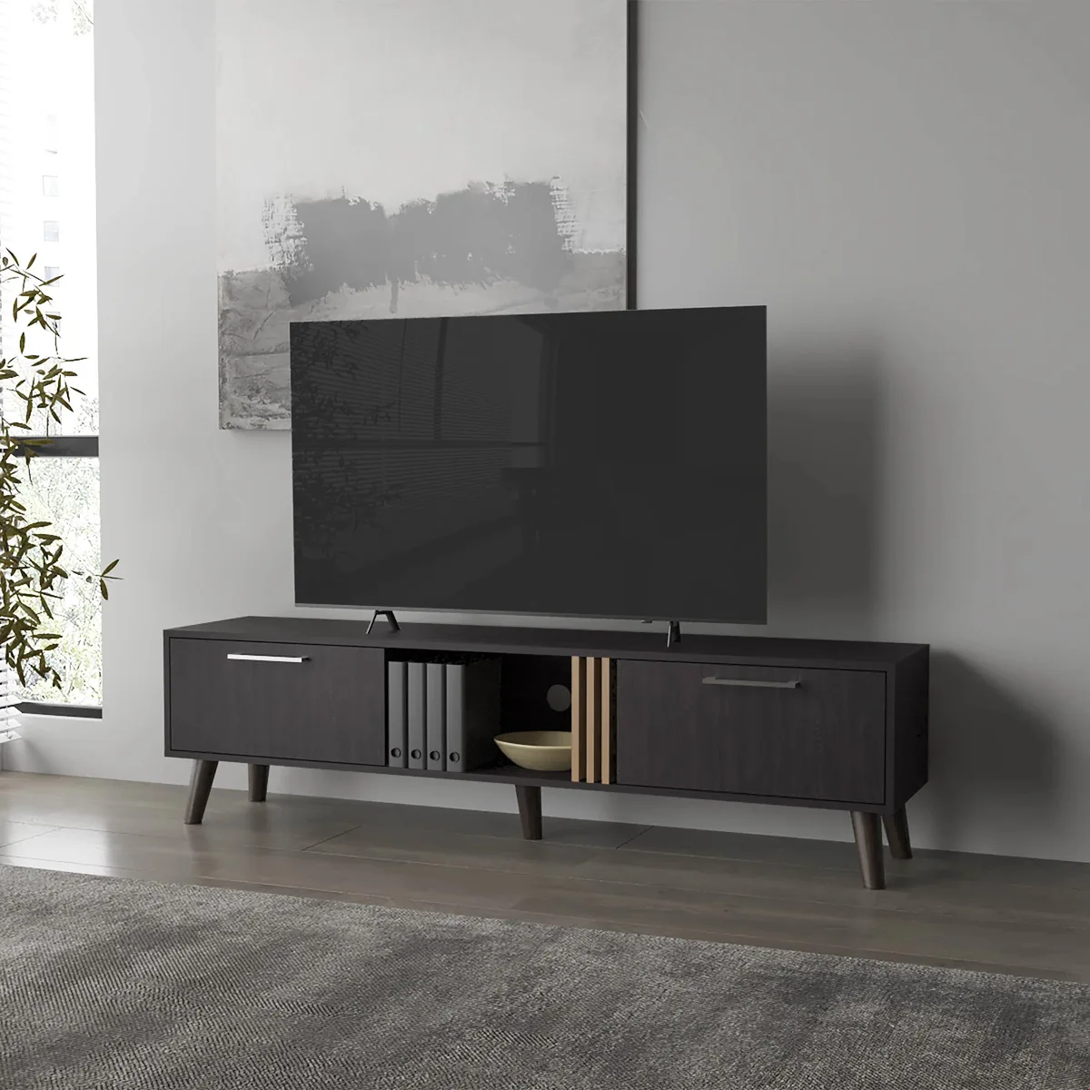 Rectangular TV stand in dark Wenge finish with two doors and open shelving