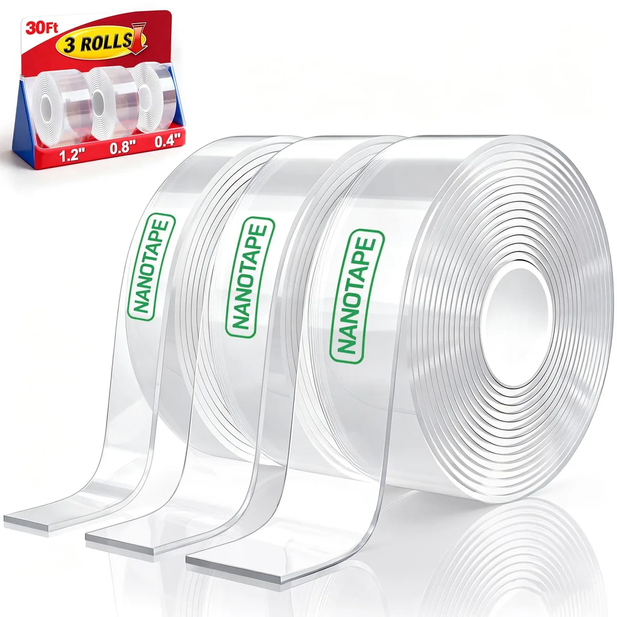 Three clear double-sided tape rolls, widths 1.18, 0.79, 0.39 in, total 30 ft