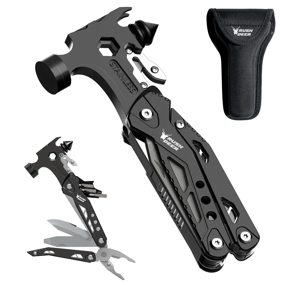 Three blue folding multitools with pliers and hammer heads, 6.4 by 3.1 by .9 inches each