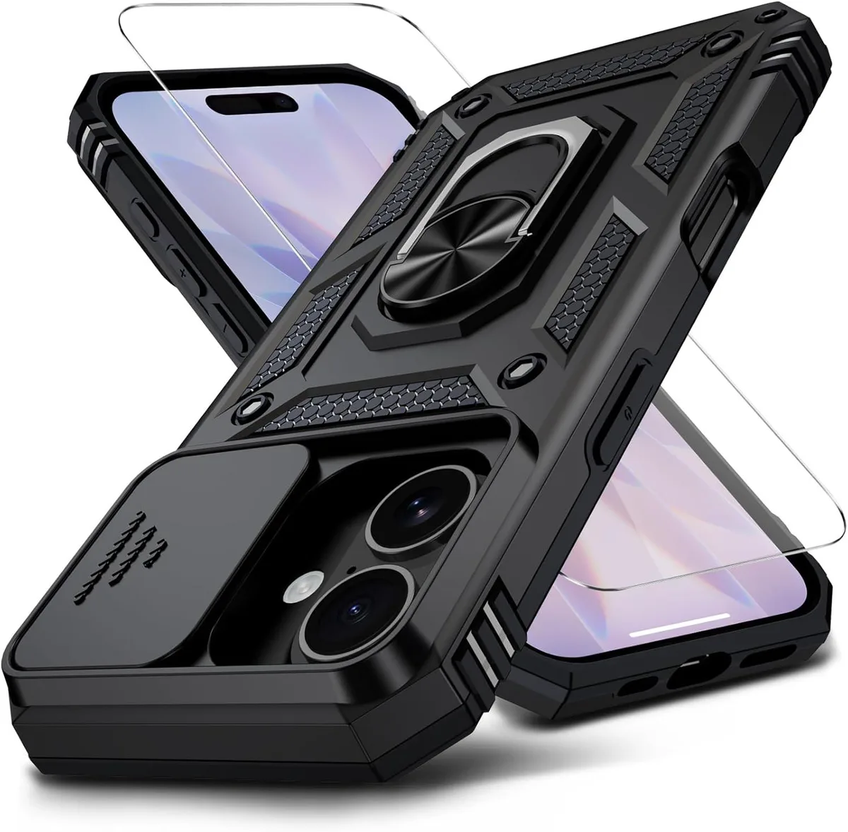 Black rugged case for iPhone 17 6.3 inch with slide camera cover and rotating ring kickstand