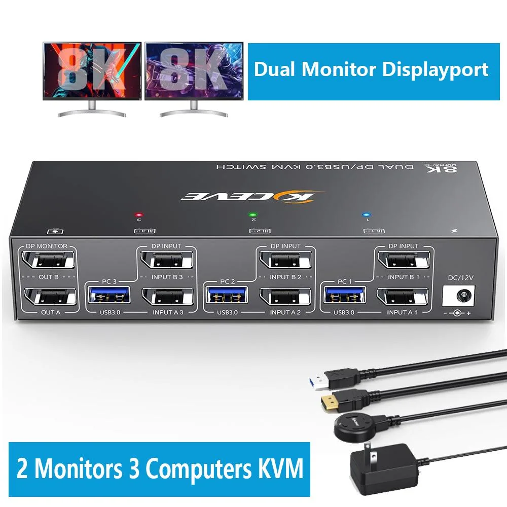 SMA SMA 8K@60Hz 4K@144Hz Dual Monitor KVM Switch 3 Computers 4 USB 3.0 Ports Wired Remote 12V Power Adapter — product photo