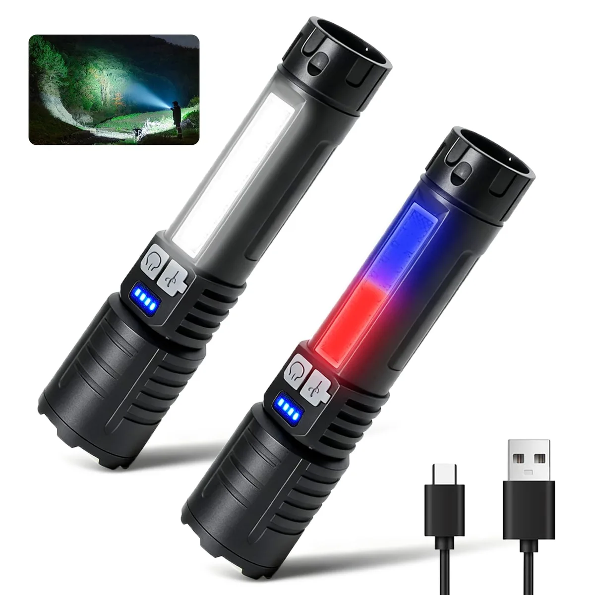 Two black rectangular flashlights side by side, each with a Type-C port and four LED indicators