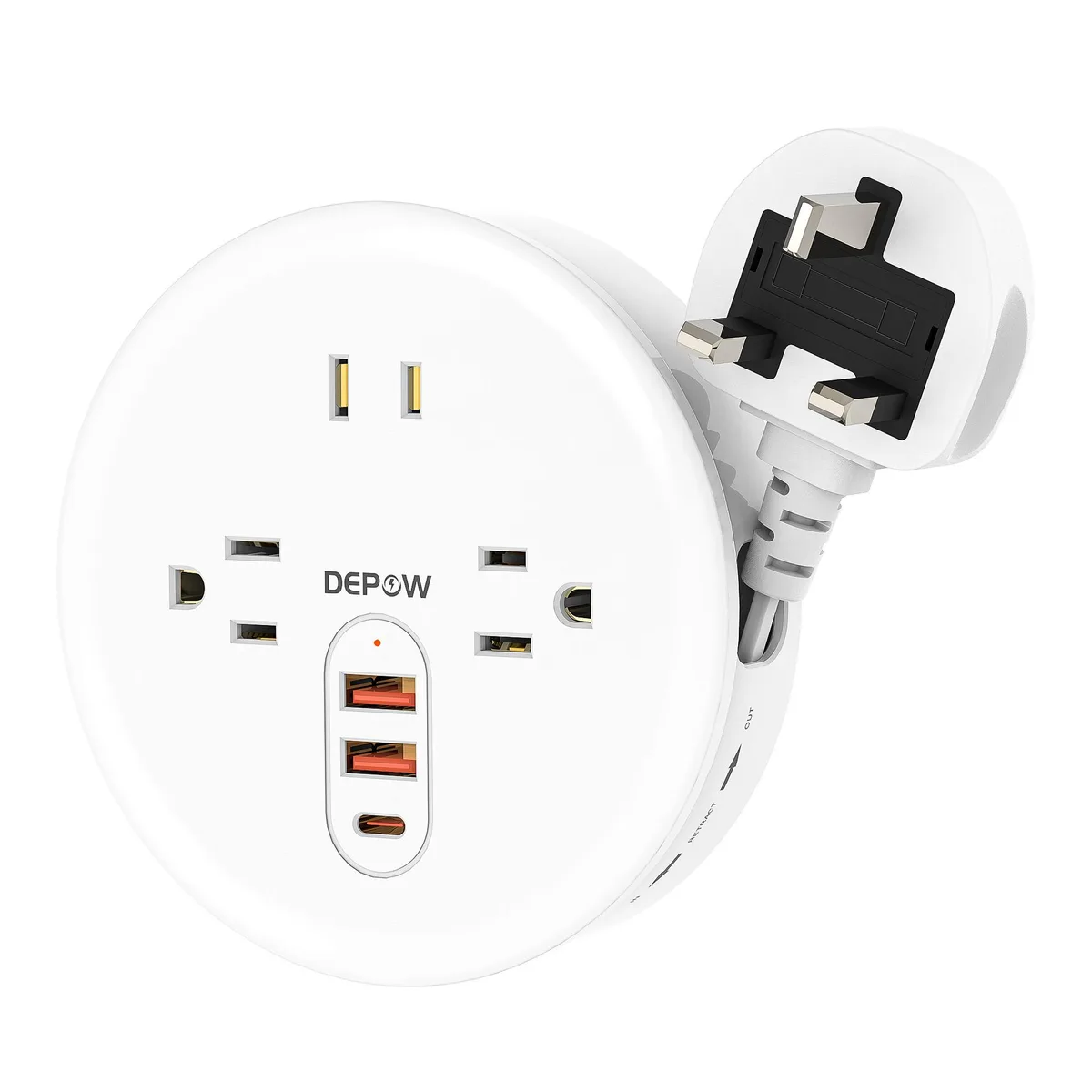 DEPOW DEPOW Type G Travel Adapter 3 Outlets 3 USB 4ft Cord White — product photo