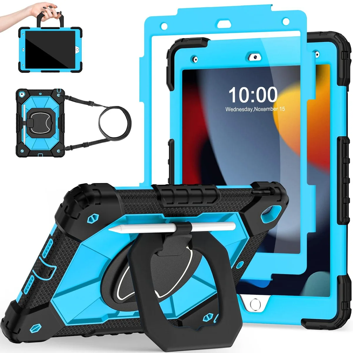  Speck A2602 iPad 10.2 inch case with screen protector, rotating stand, shoulder strap, black blue — product photo