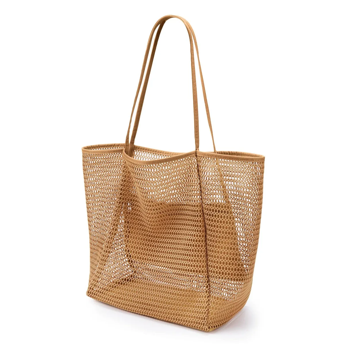 Light blue mesh tote with zip pocket and wide straps