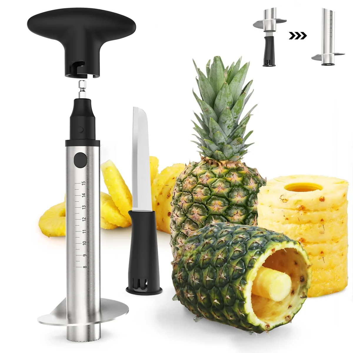 Black stainless steel pineapple corer with 6.7 mm hex drill bit, hidden knife, measure marks, ergonomic handle