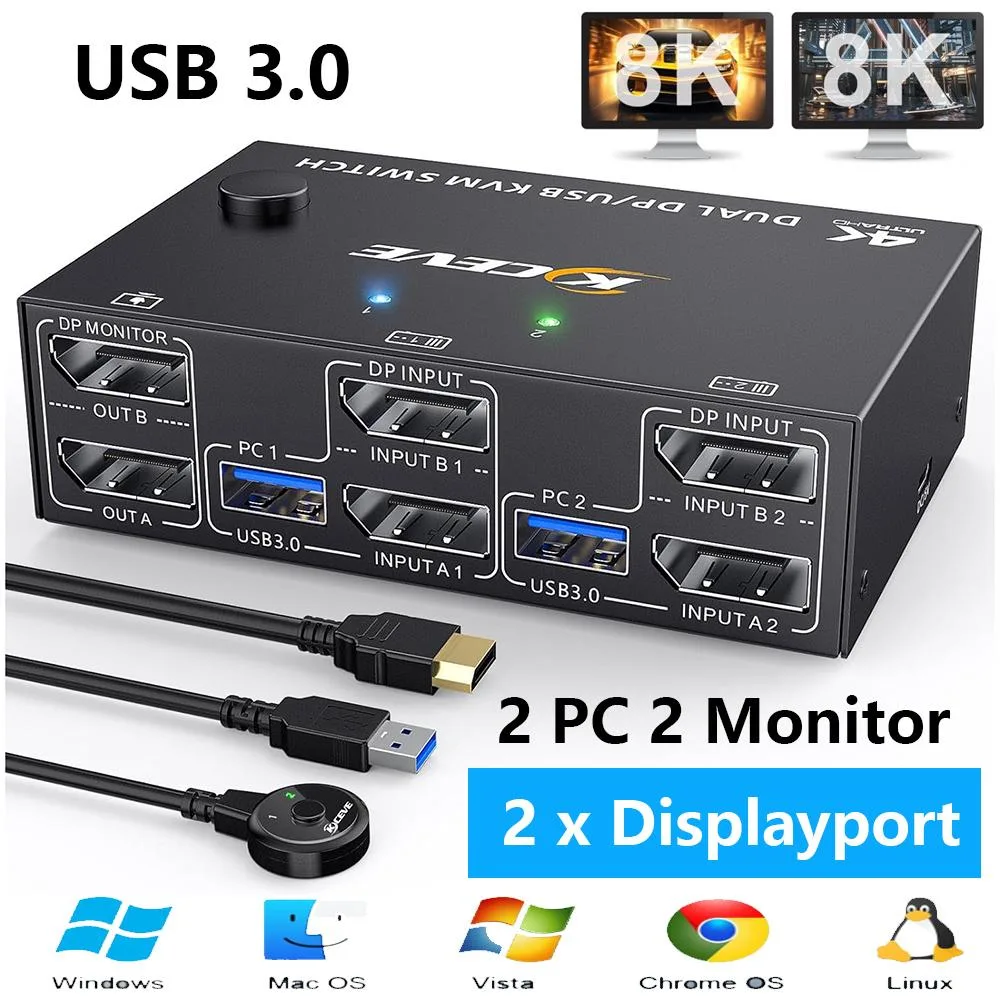 IHDAPP IHDAPP DisplayPort KVM Switch 2 Monitor 2 Computer 8K30 4K144 USB 3.0 Wired Remote 4 Cables — product photo