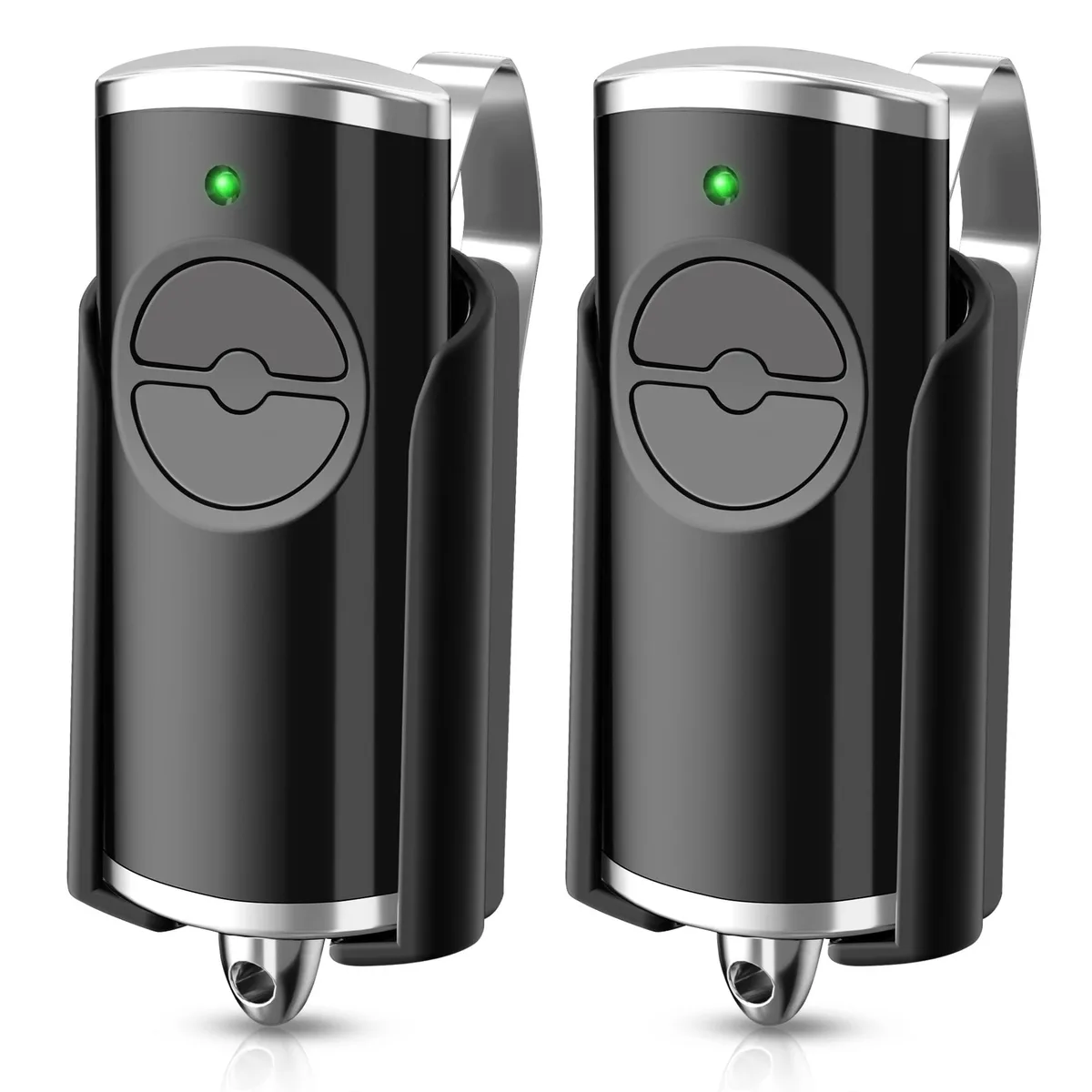 Two small black rectangular remotes with dual buttons, visor clips and key rings
