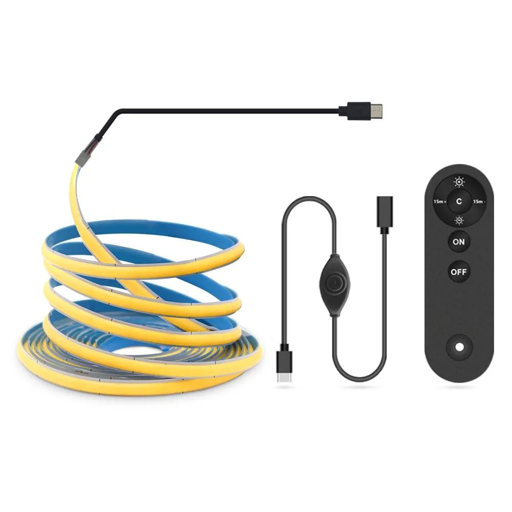 Warm white 2700 K COB LED strip on USB-C reel with dimmer and remote
