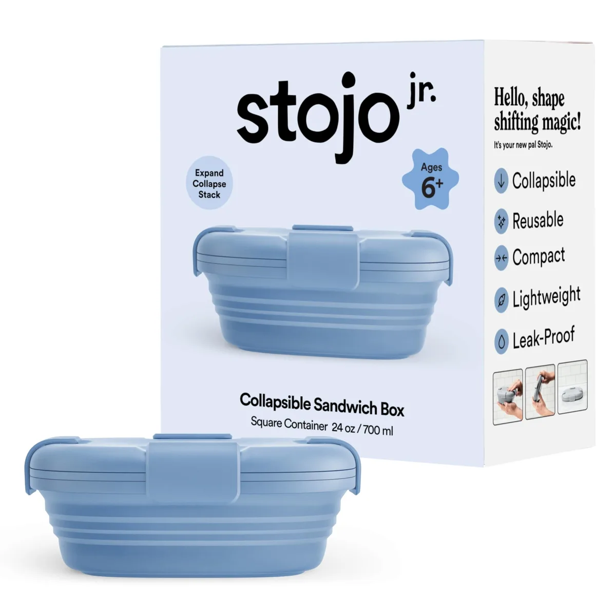Red collapsible silicone food box, 24 oz, folds to 1.2 inches