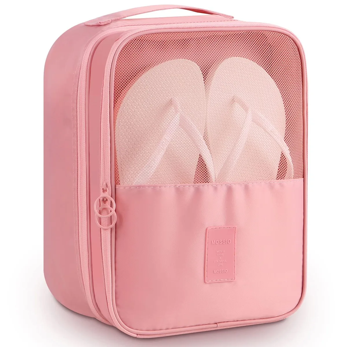 Light pink rectangular shoe bag with top handle and three zippered compartments
