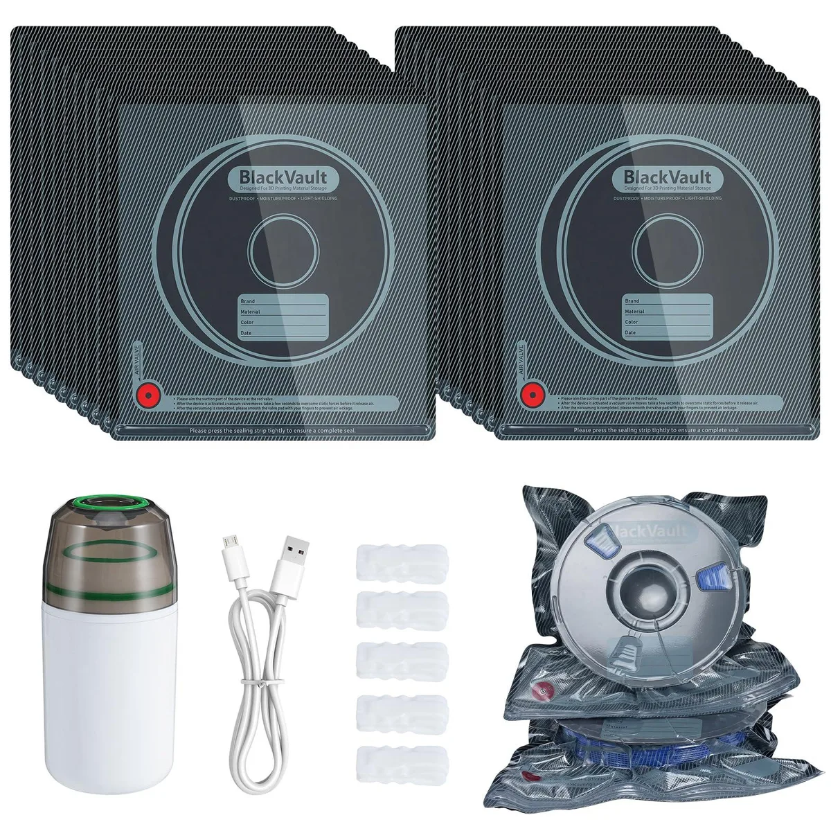 Twenty light-proof vacuum bags with pump, black textured and transparent sides
