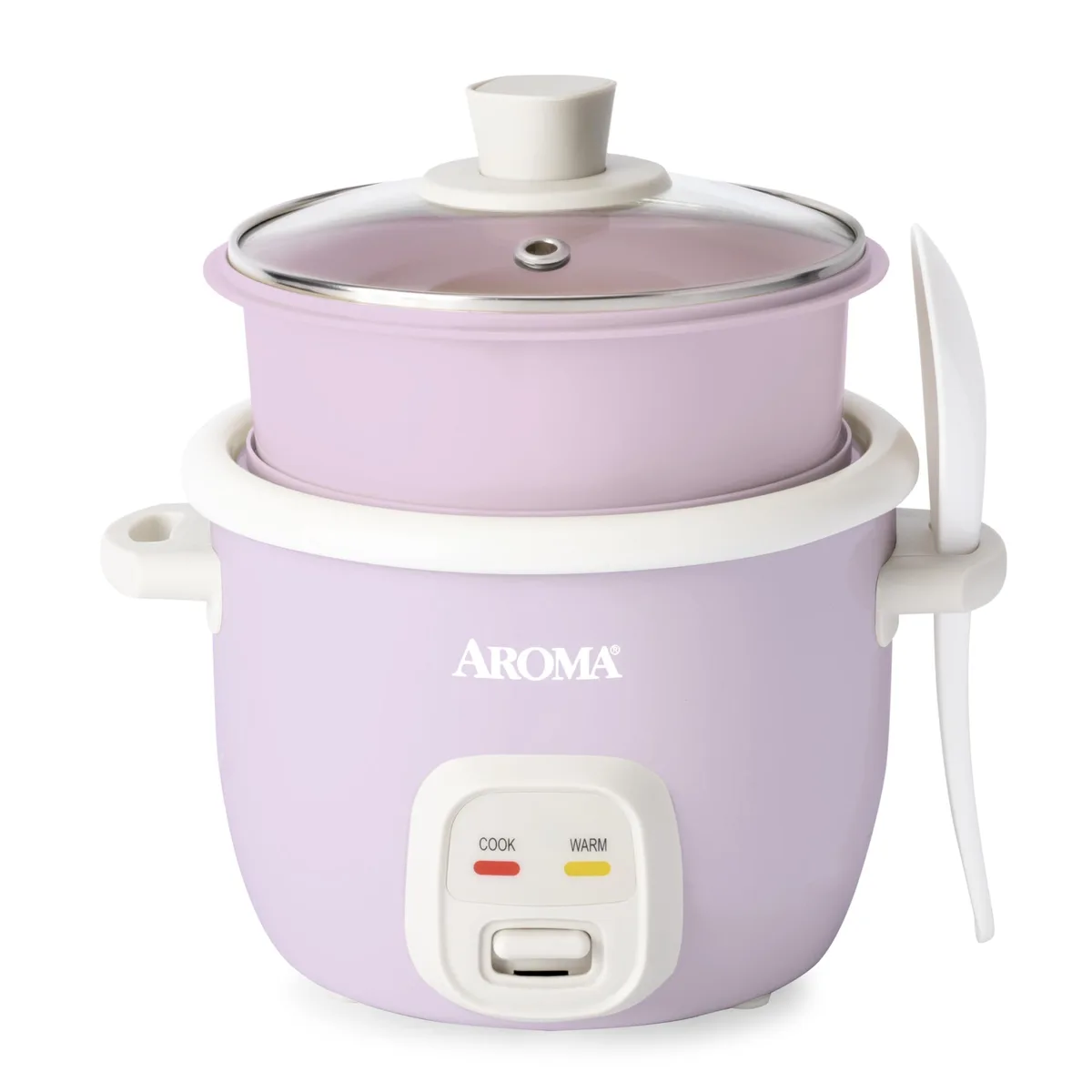 Lilac 2-cup rice cooker with glass lid and pop-up steamer basket