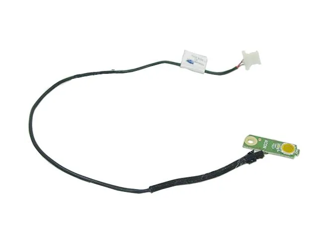 Small rectangular circuit board with ribbon cable and power button actuator