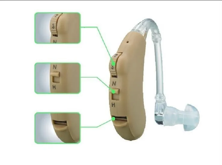 Small beige behind-the-ear hearing aid V-188 with volume wheel and long ear hook
