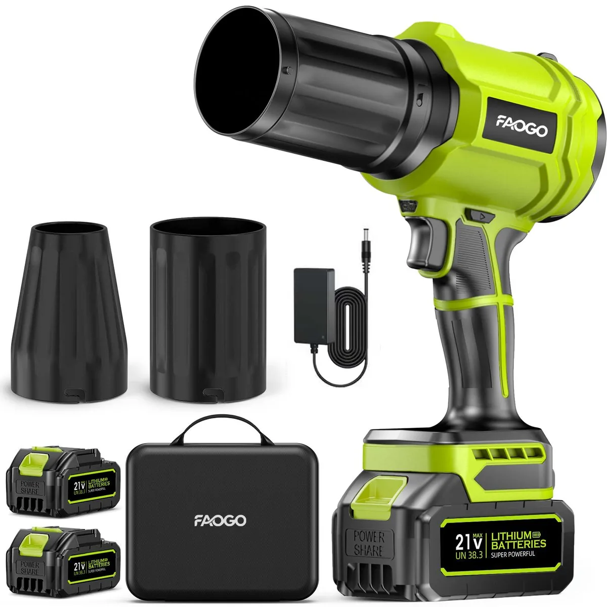 FAOGO Cordless Leaf Blower 990000 RPM 2 Batteries Charger — product photo