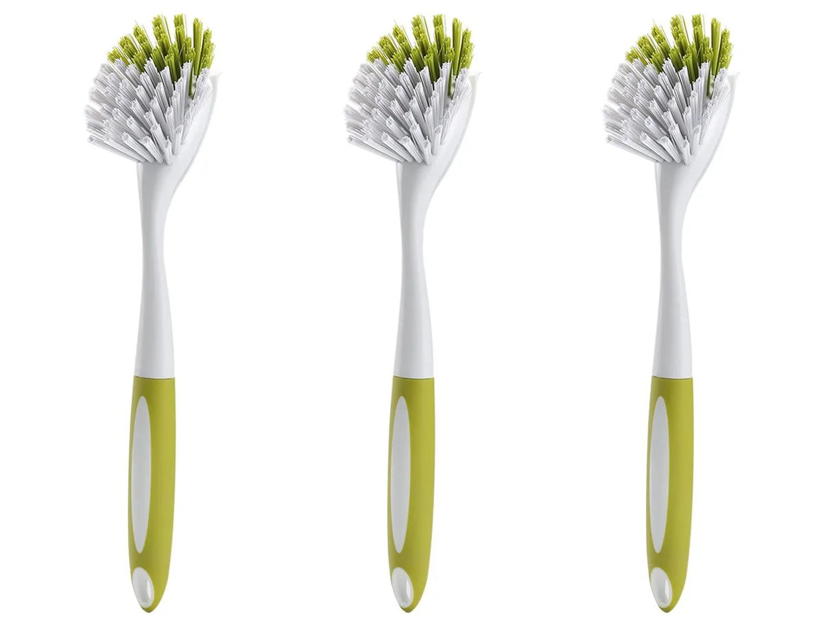 Three stiff-bristle dish brushes with ergonomic handles and hanging loops