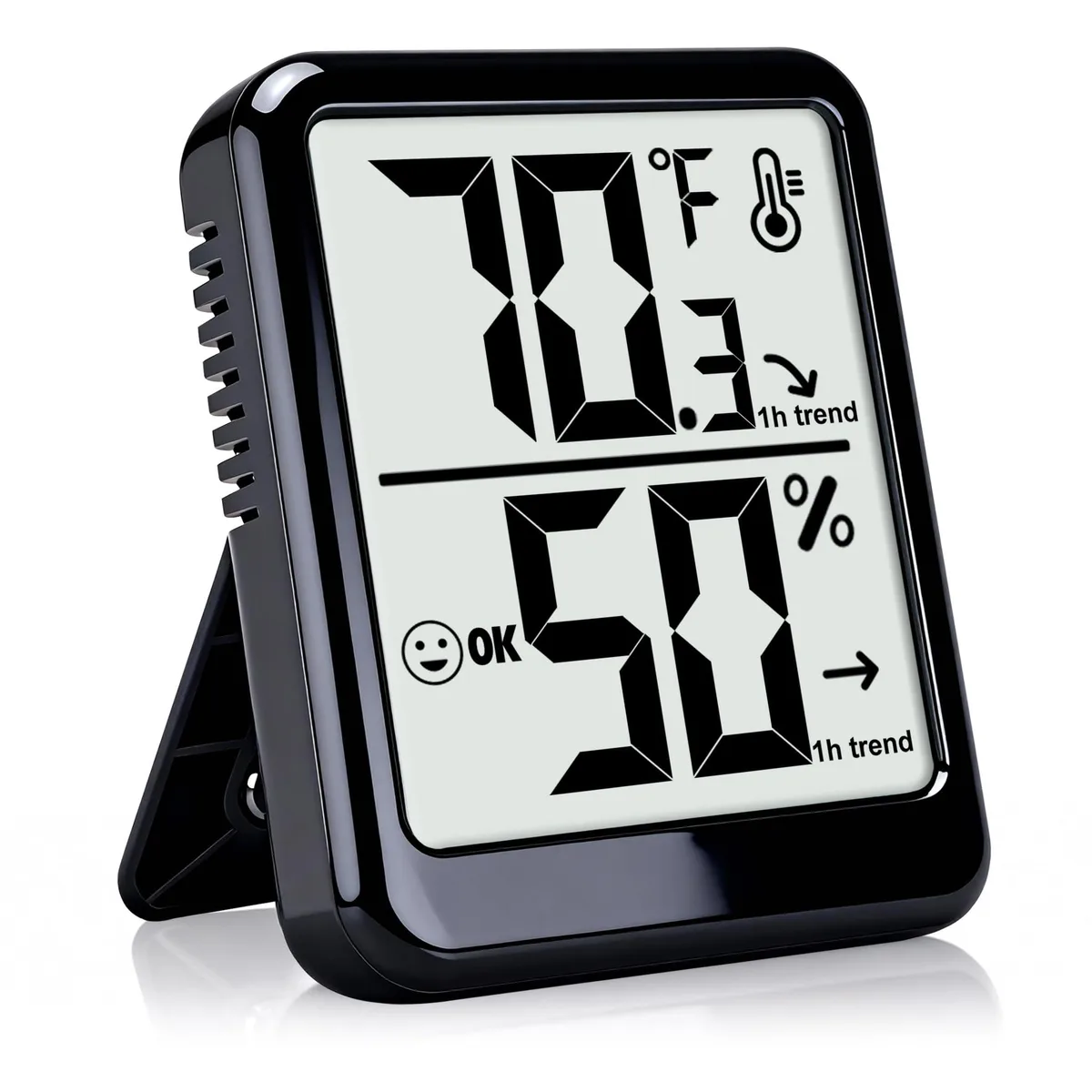 Yellow rectangular digital thermometer hygrometer with kickstand and display