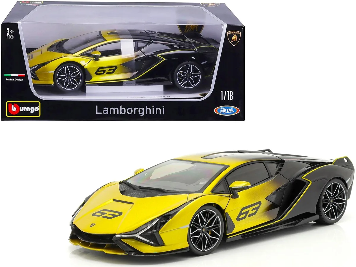 BBURAGO BBURAGO Lamborghini Sian FKP 37 #63 Yellow Metallic Black 1/18 Diecast Car — product photo
