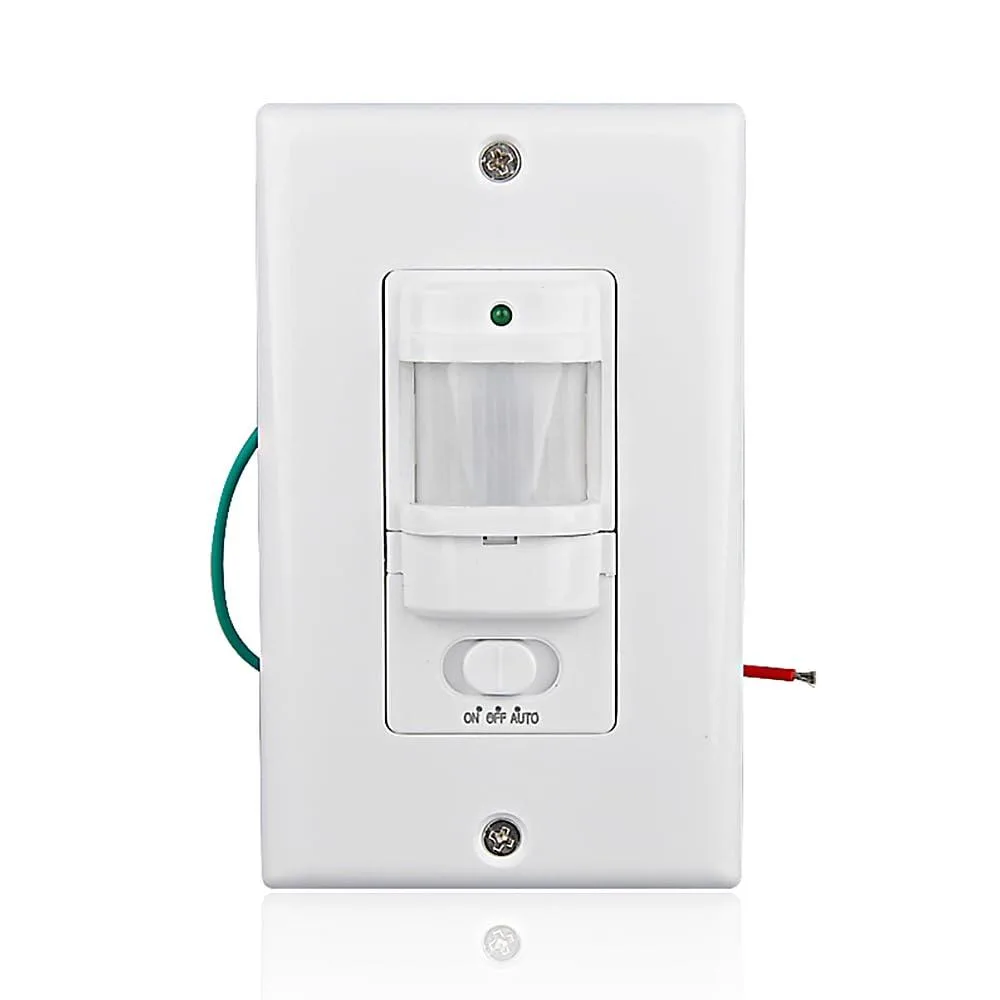 White rectangular wall switch with motion sensor lens and three wire leads