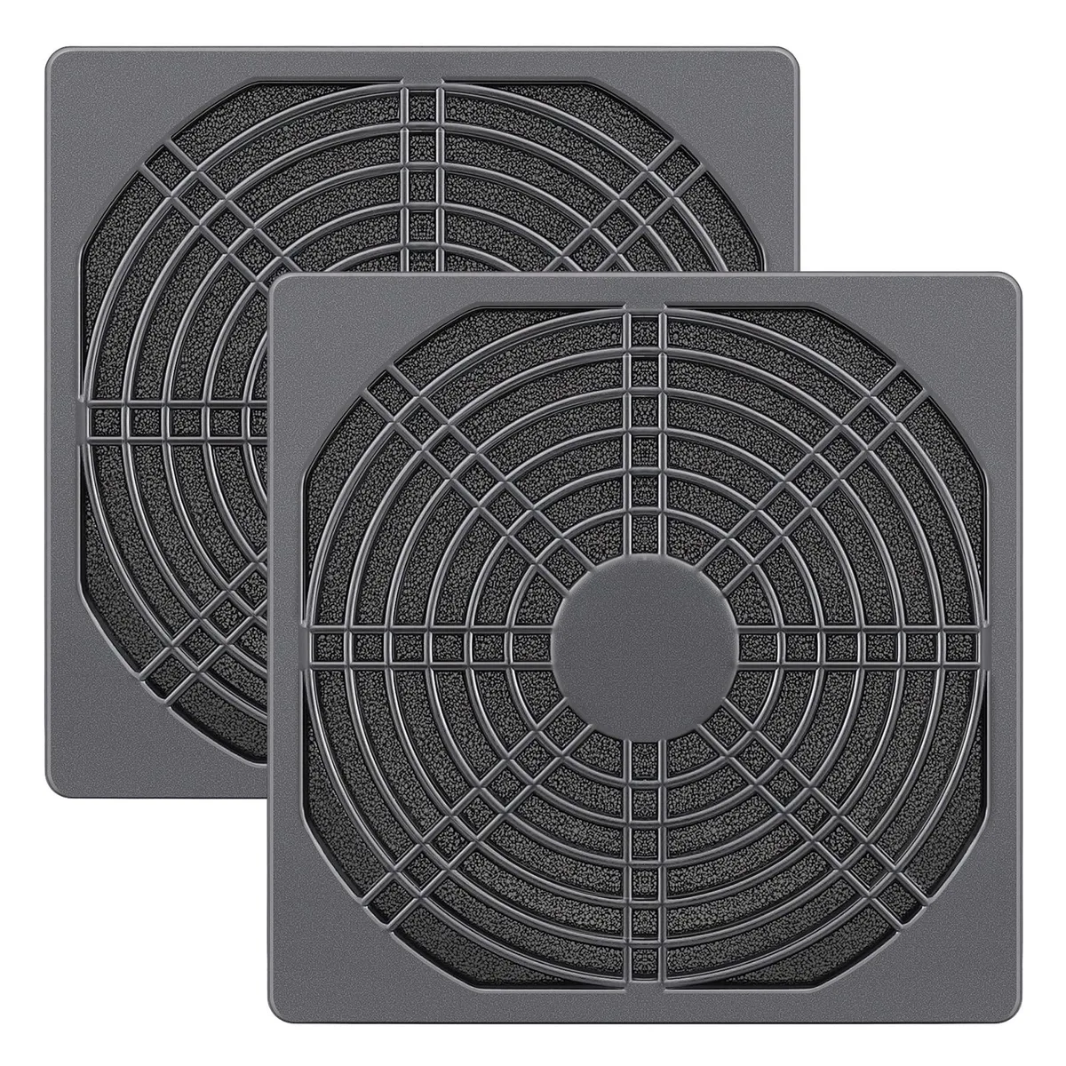 Two black 120mm square PVC dust filters with metal frames