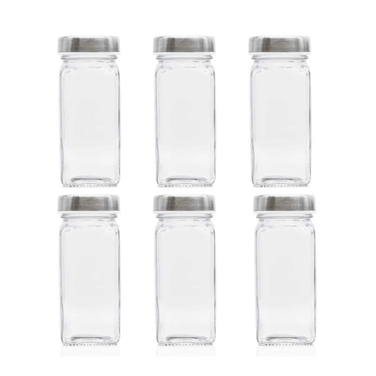 Six square glass spice jars with stainless steel airtight lids and shaker tops, red silicone accents