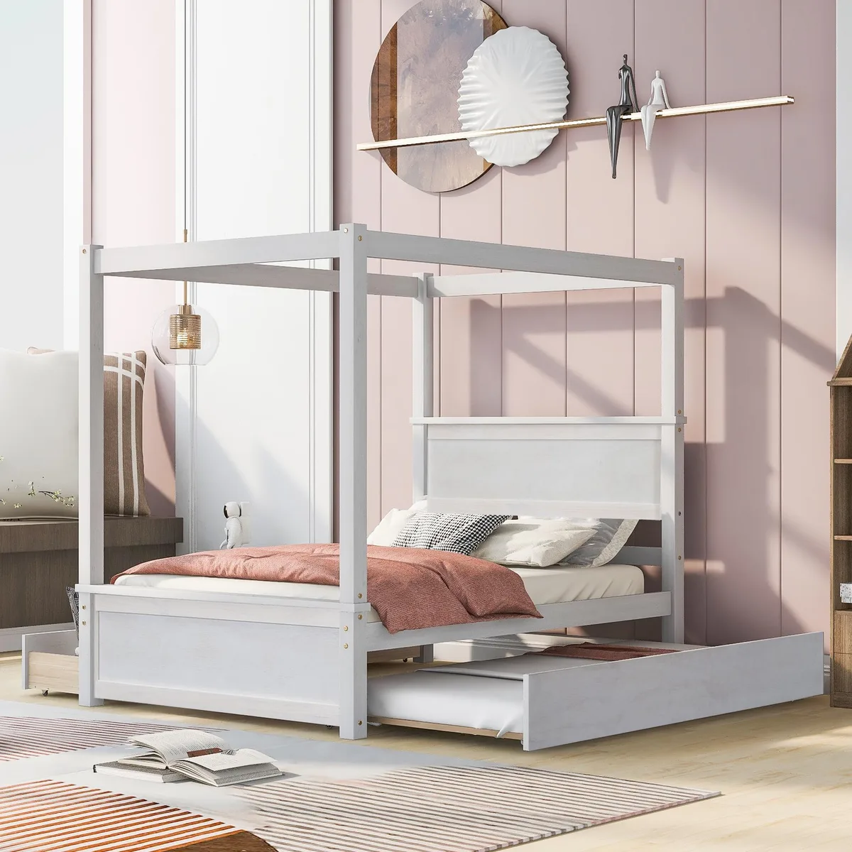 tuphen tuphen Wood Canopy Bed with Trundle &amp; 2 Drawers Full Size Brushed White 79.5"L 56.9"W 71.2"H 350lbs — product photo