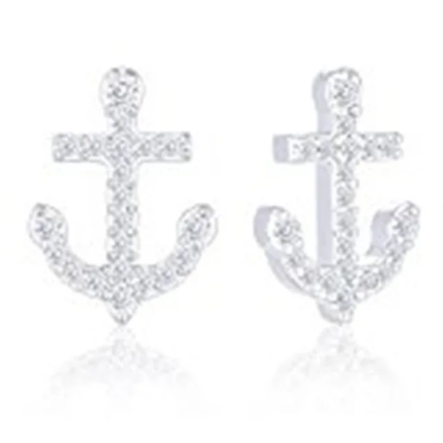 Pair of 18K white gold plated anchor stud earrings with 21 round cubic zirconia stones