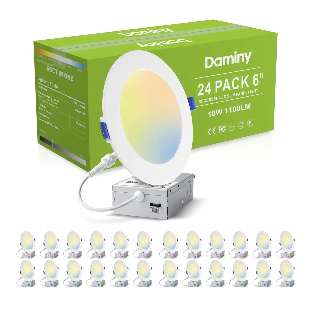Twenty-four ultra-thin white 6-inch LED wafers with clear prismatic lenses, flush-mount design