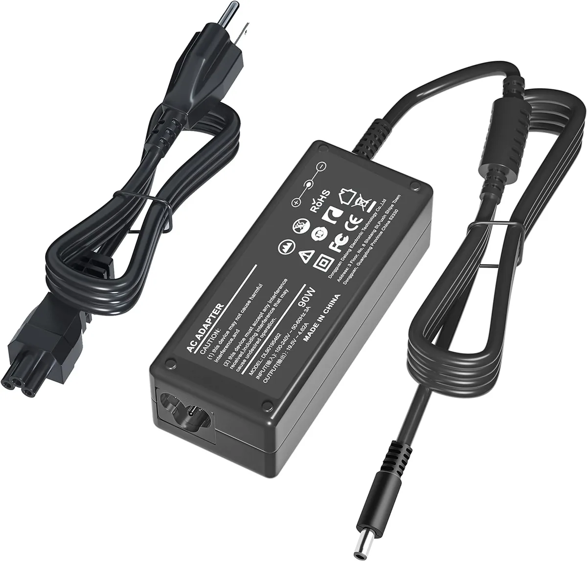 Black rectangular AC adapter with 4.5 by 3.0 mm barrel connector and power cord