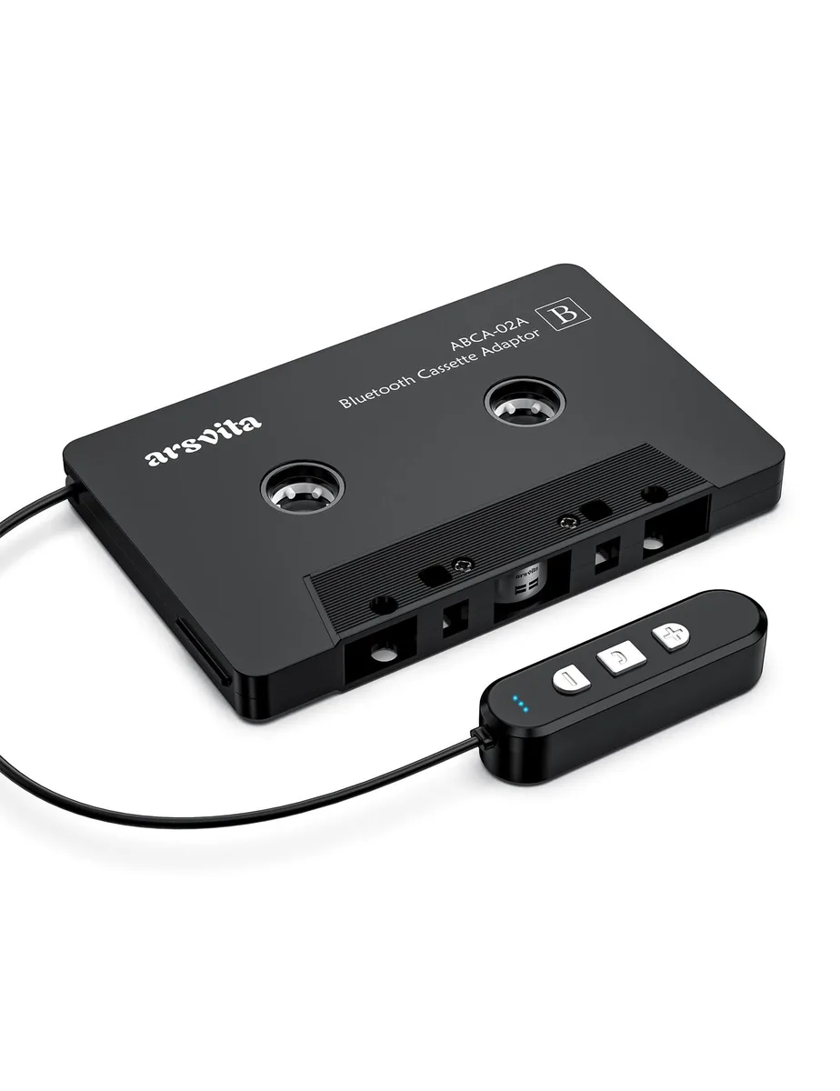 Black Bluetooth 5.1 cassette adapter with side controls
