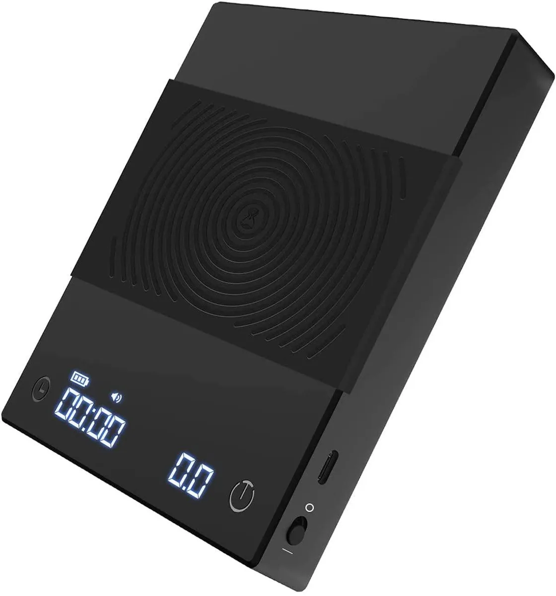 Black rectangular coffee scale with hidden LED display and silicone pad