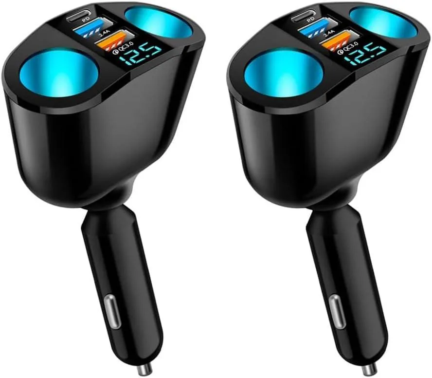 RUOCLRIS RUOCLRIS 5 Port Cigarette Lighter Splitter 120W PD 20W QC 3.0 2.4A LED Voltmeter 2Pcs — product photo