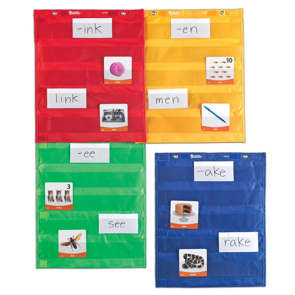 Four magnetic pocket chart squares in red orange blue and green with clear front pockets and back storage pockets