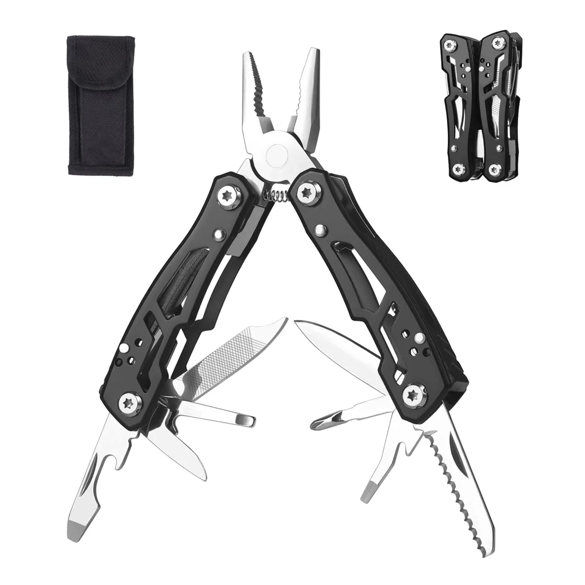 Compact black stainless-steel multitool pliers, 14 tools, 92 g, closed 2.7 x 1.4 x .6 in, includes Oxford pouch