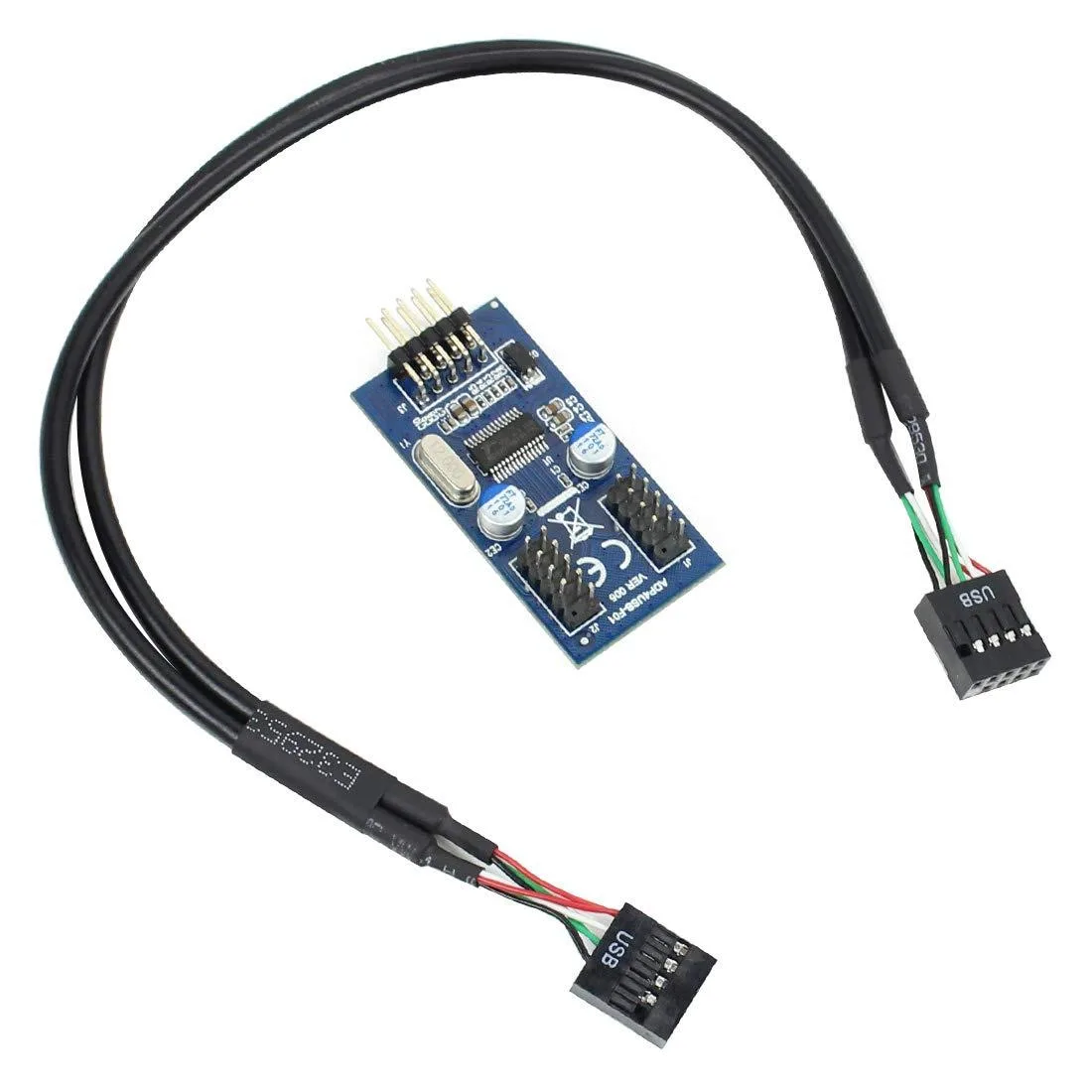 Black USB 2.0 9-pin header splitter cable with two female connectors, 60 cm long