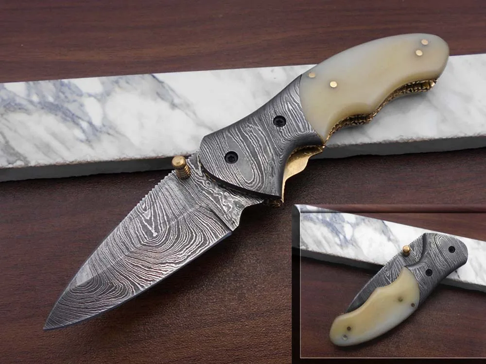 Damascus Depot Damascus Depot Folding Knife 3" Blade 7" Overall Camel Bone White — product photo