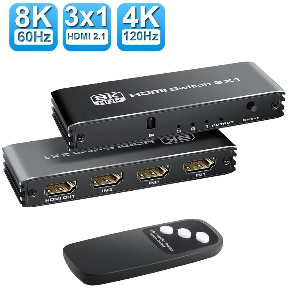 Small black rectangular HDMI switch with three input ports and one output port