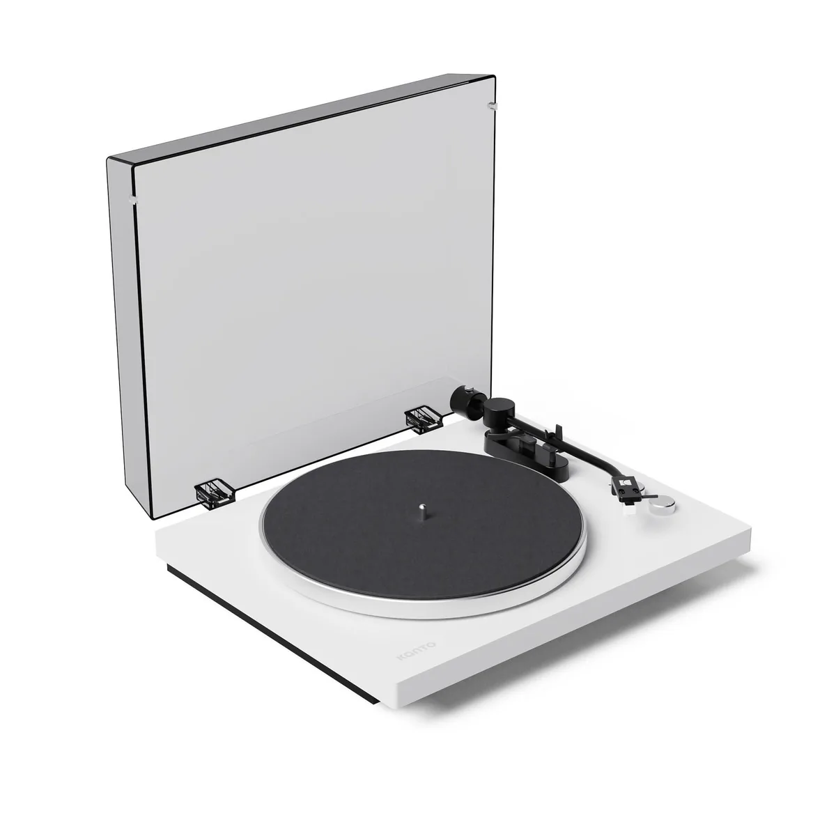 Matte white belt-drive turntable with aluminum platter, AT3600L cartridge, Bluetooth 5.3, auto-stop, pitch control