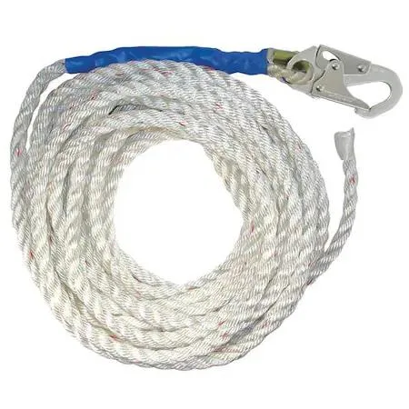 White 50 ft polyester vertical lifeline with steel snap hook and taped end