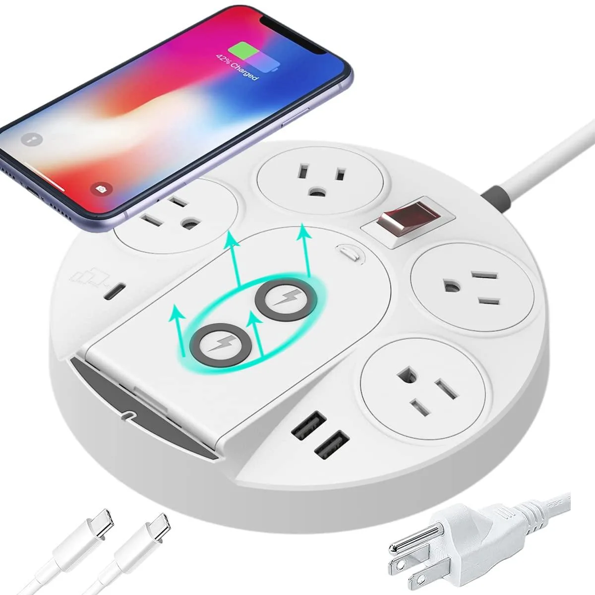 KingTSYU KingTSYU 20W USB-C PD Power Strip Wireless Charger White 5ft 1250W — product photo
