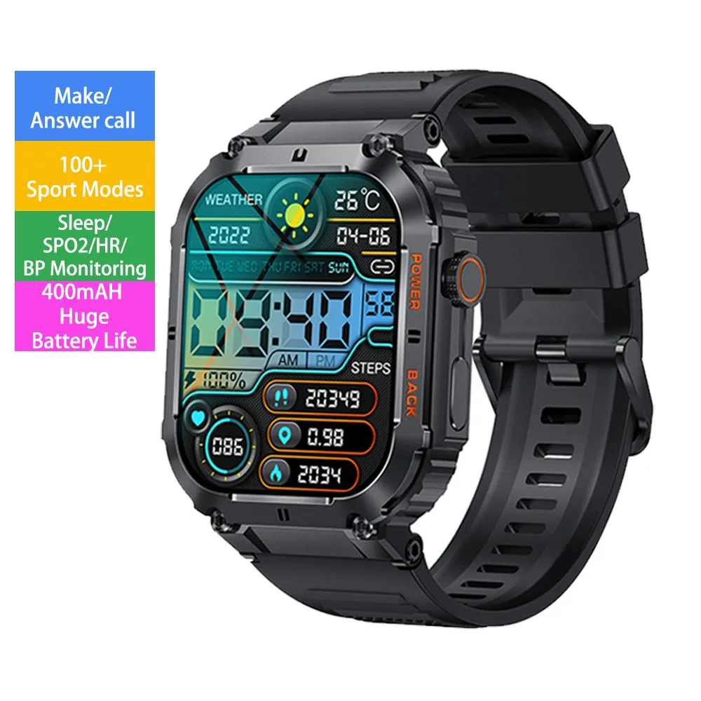 Black rugged smartwatch with 1.96 inch screen and zinc alloy frame
