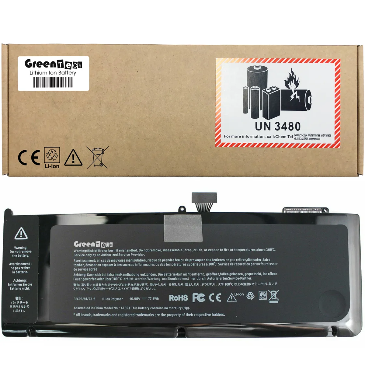 GreenTechLLC GreenTechLLC A1321 laptop battery MacBook Pro 15 A1286 Mid 2009 2010 10.95V 78Wh 7200mAh — product photo