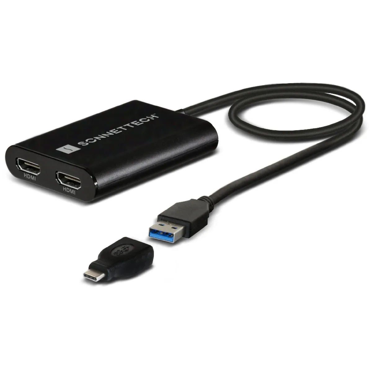 Compact rectangular adapter with two HDMI ports and a USB-C connector, matte dark finish
