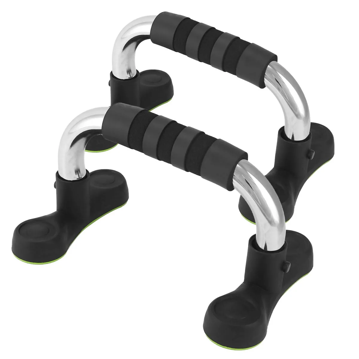 Pair of black alloy-steel push-up handles with angled foam grips and wide non-slip bases
