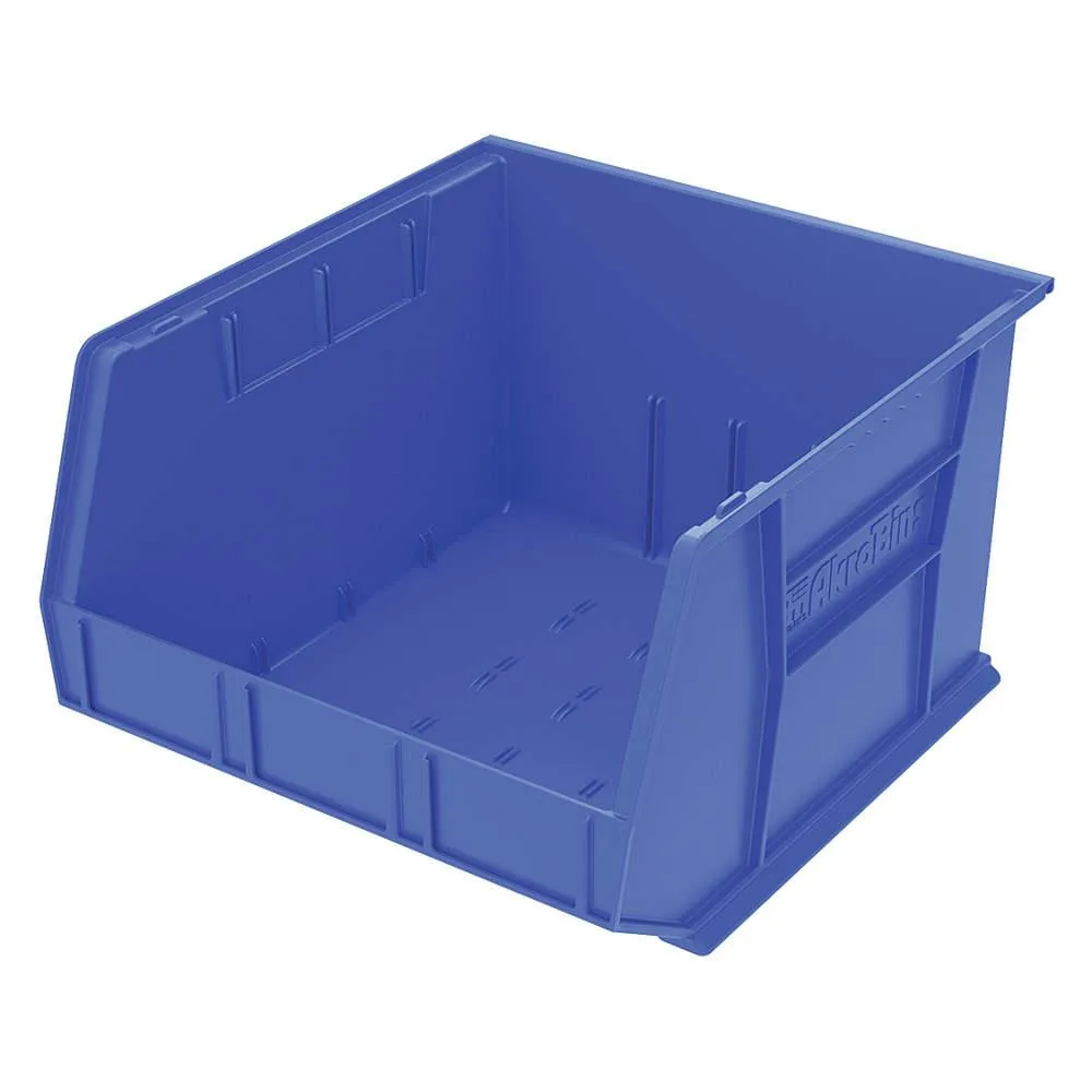 Blue plastic storage bin with open front and stacking lip