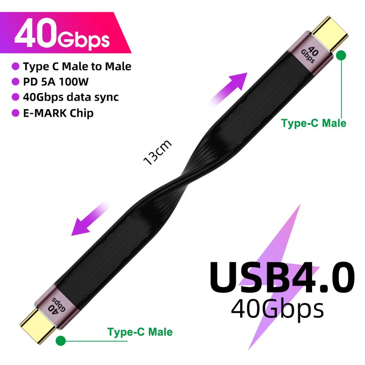 AUBEAMTO AUBEAMTO FPCUSB4-40G Short-line 2/5FT USB C to Type C Cable Thunderbolt 4/3 USB 4 PD 100W 8K 4K 40Gbps Purple — product photo
